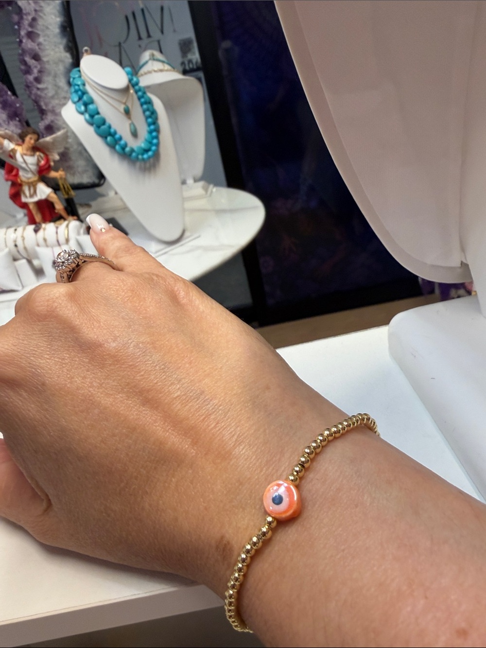 Gold Bead Bracelet with Coral Eye Charm - Women's Jewelry